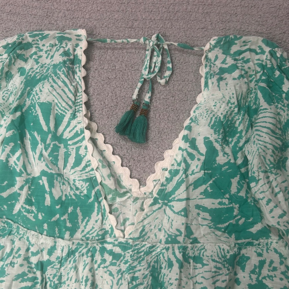 Blue Island Mini Dress Boho Tiered XS Seagreen Tropical Beach Tassel Crochet - Picture 7 of 7